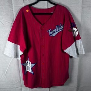 VTG Disney Studios Mickey Mouse Baseball Jersey Red Pinstripe Button Up Shirt L